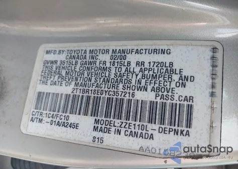 2000 Toyota Corolla Le from USA, damaged, VIN 2T1BR18E0YC357216